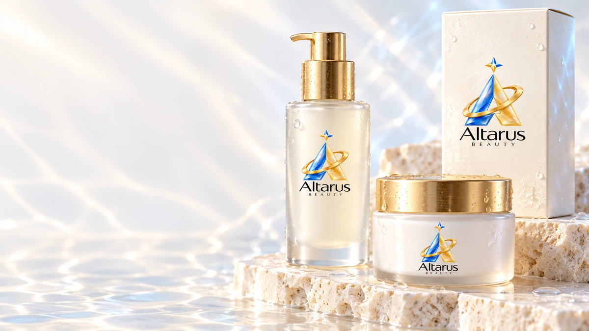 Altarus Beauty campaign: pearlescent bottles and packaging with the blue and gold Altarus Beauty logo