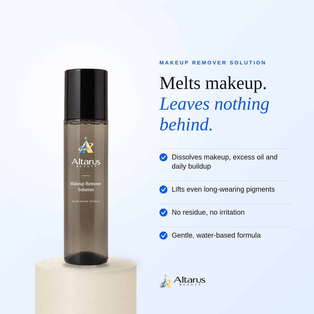 Makeup Remover Solution benefits: dissolves makeup, oil and buildup; lifts long-wearing pigments; no residue; water-based