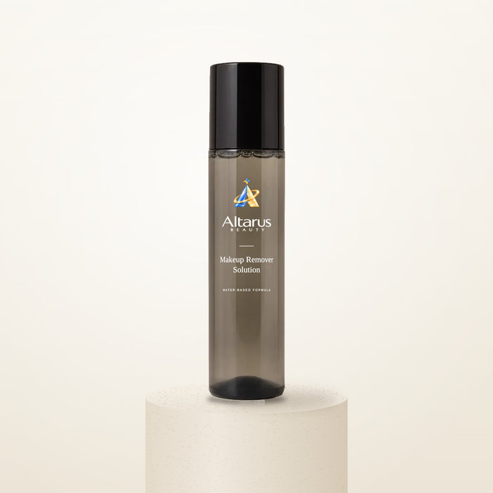 Altarus Beauty Makeup Remover Solution bottle on a stone pedestal