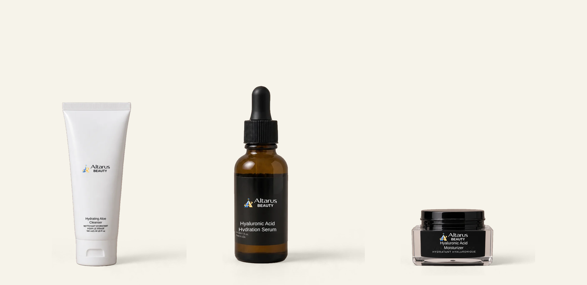 Altarus Beauty cleanser, hydration serum and moisturizer on a pearl background